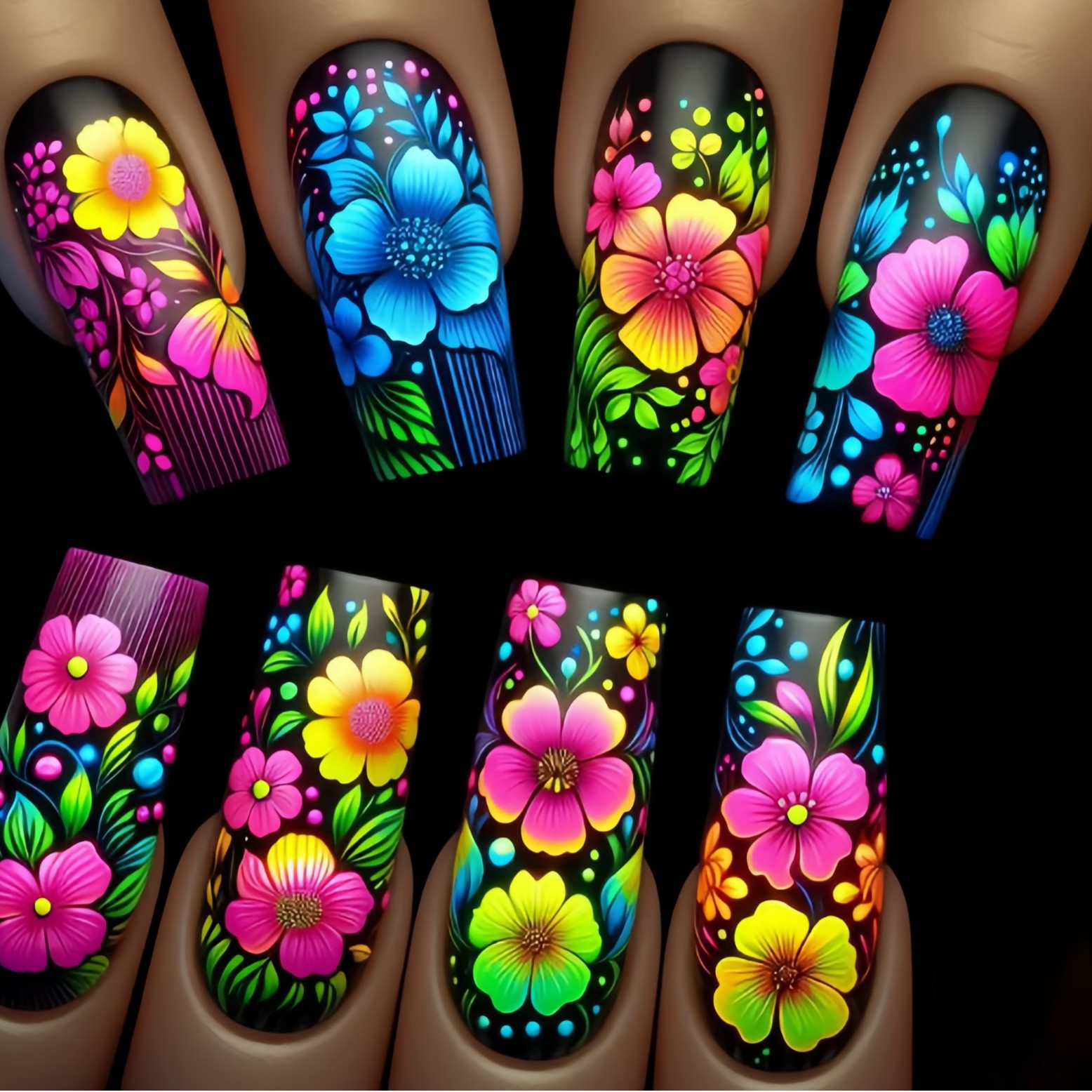Nail Art Yellow - Medium long fake nails gradient blue